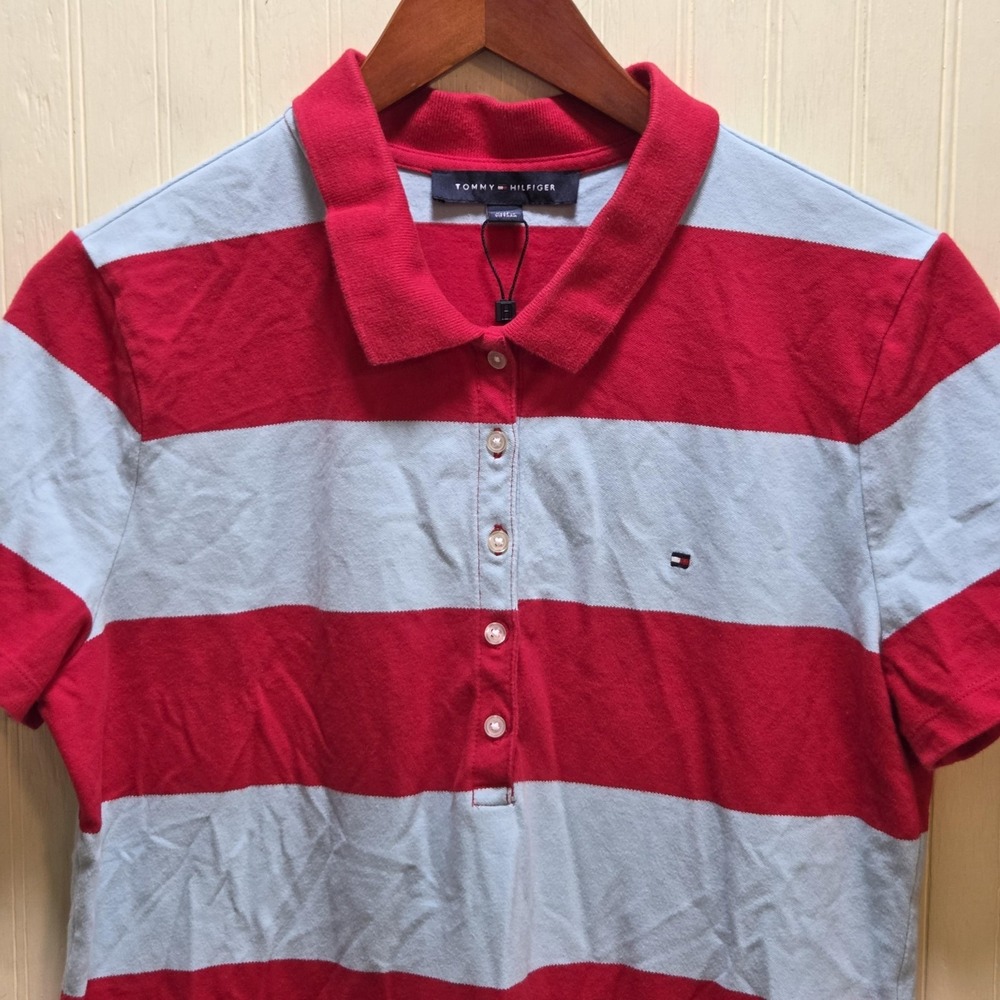 Tommy‎ Hilfiger Dress Womens L Red Stripe Short Sleeve Collared Polo Short